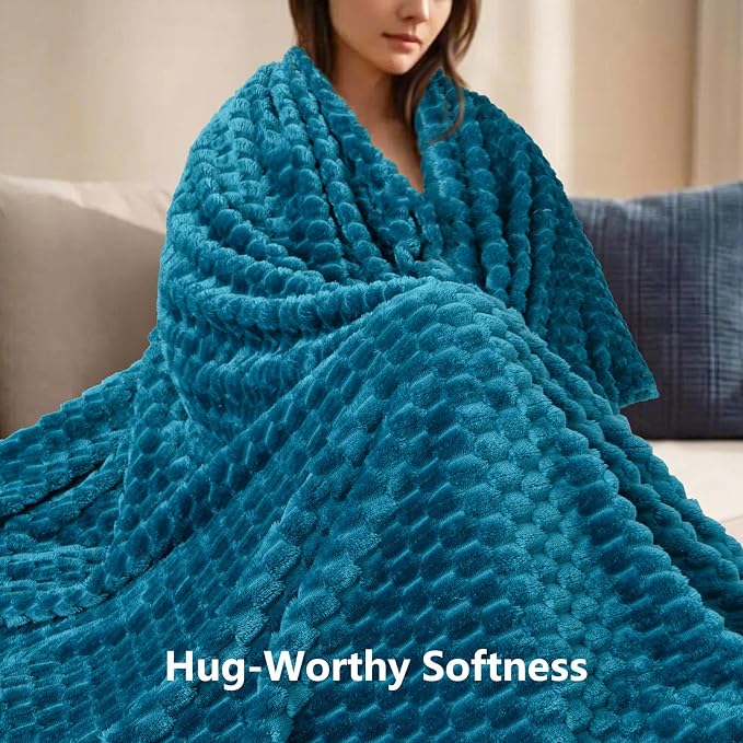 Vessia Flannel Fleece Throw Blanket(50x70 inch), 3D Jacquard Blue Fuzzy and Warm Blanket for Couch,Sofa,Bed, 300GSM Super Soft Touch Cozy Lightweight Throw for All-Season Home Decor