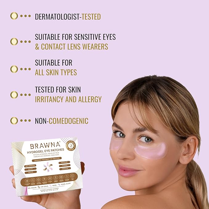 BRAWNA Under Eye Patches – Hydrogel Masks with Retinol, Collagen, Caffeine & Arbutin – For Puffy Eyes, Wrinkles, Dark Circles & Eye Bags – Gift Set – 12 Pairs