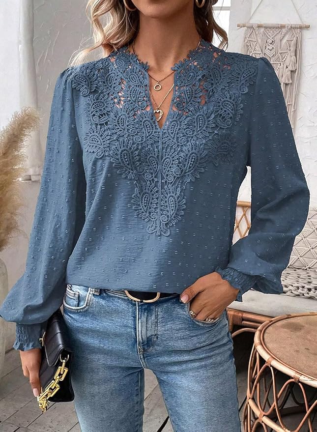Womens Tops Swiss Dot Boho Long Sleeve Shirts V Neck Casual Chiffon Blouses Flowy Lace Hem Cute Clothing Trendy 2026