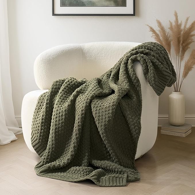 EVERGRACEHOME Chunky Chenille Knit Throw Blanket, 50 x 60, Olive Green | Sculpted Moss Stitch, Chic Modern Farmhouse, All-Season Warmth, OEKO-TEX® Certified, Elegant Blanket for Couch, Bed, Sofa
