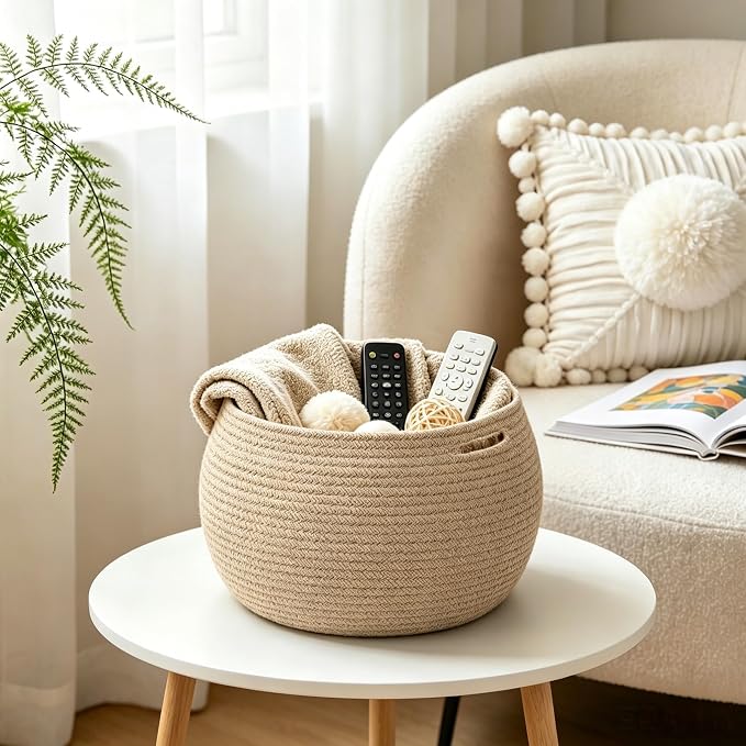 Goodpick Round Small Wicker Storage Basket for Shelves, 10" x 8.3", Jute | Woven Baby Basket with Handles，Decorative Gift Basket, Fits Living Room Nursery Toys & Towels Storage, Plant Baskets Indoor