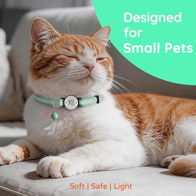 Breakaway Cat Collar QR Code, Reflective Bell, Adjustable Kitten, Teal
