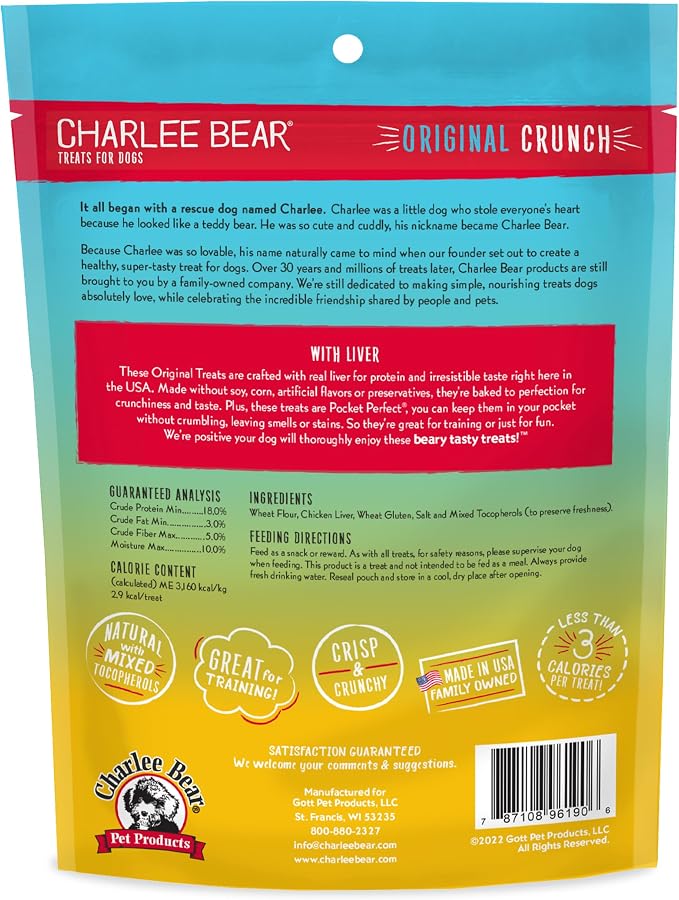 Charlee Bear Original Dog Training Treats, Chicken Liver, 16 oz | Pocket-sized Training Treats, Crunchy Dog Treats, Limited Ingredient Recipe, Under 3 Calories per Treat, Made in USA