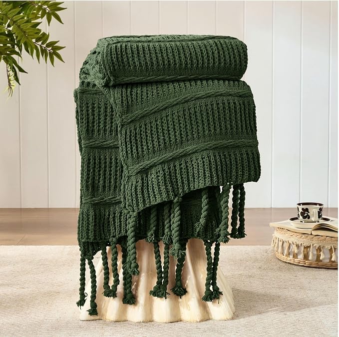 Boho Knitted Chenille Blanket with Tassels - Lightweight & Soft All-Season Throw - 3D Classic Pattern for Living Room Bedroom Couch, Imperial Green, King 90"x108"