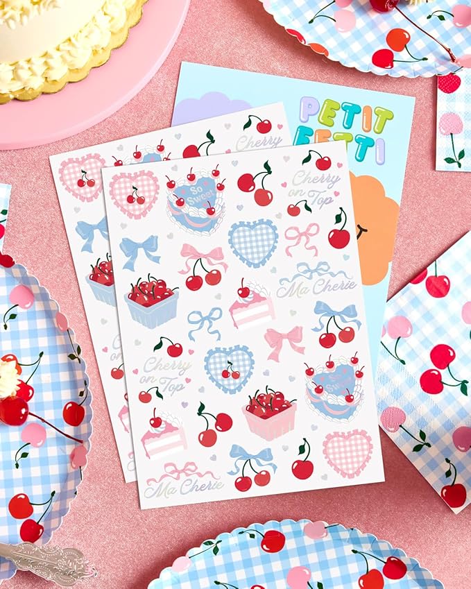 xo, Fetti Cherry Temporary Tattoos - 50 Iridescent Foil Pcs | Ma Cherie Baby Shower, Cherry on Top Bachelorette Decorations, Birthday Decor, Kids Picnic Tablescape