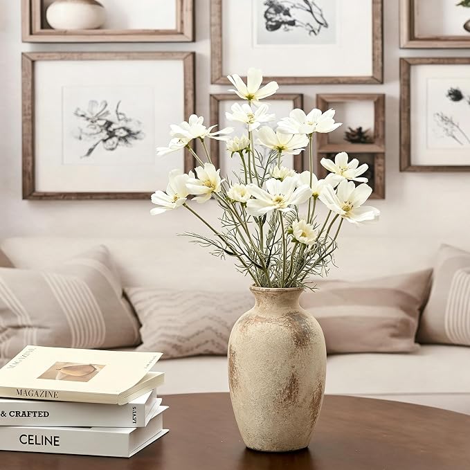 Ceramic Vintage Flower Vase Home Decor, 8.38" Rustic Terracotta, Antique Vase for Table, Living Room, Shelf, Mantel Decoration, Farmhouse- Brown