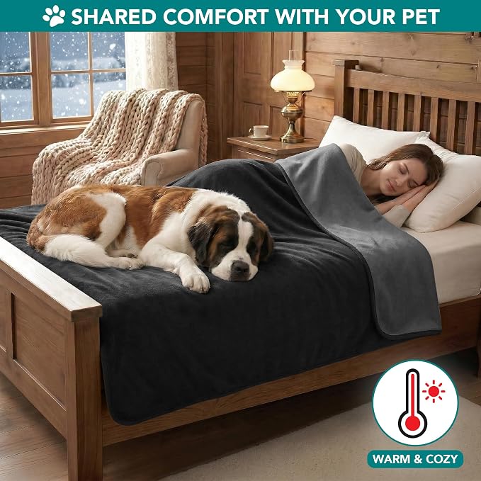 PetAmi Waterproof Dog Blanket for Couch, Pee Proof Reversible Cat Blanket for Sofa Bed Furniture Protector, Soft Fleece Washable Pet Throw for Dogs Cats Puppies Kittens, 40x60 Black Gray