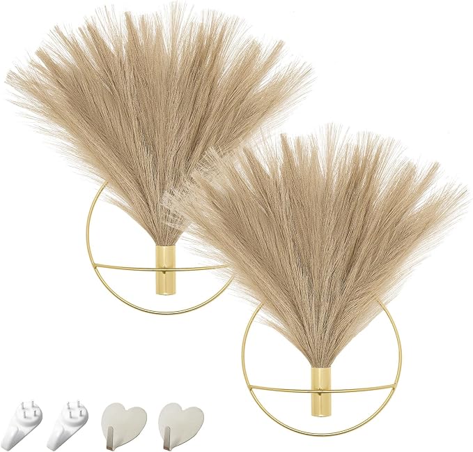 Pretty Jolly Boho Pampas Wall Decor Gold Metal Wall-Mounted Art | Morden Artificial Greenery Display，2 Pack Coffee Hanging Planter For Living Room, Bedroom, Bathroom, Dining room