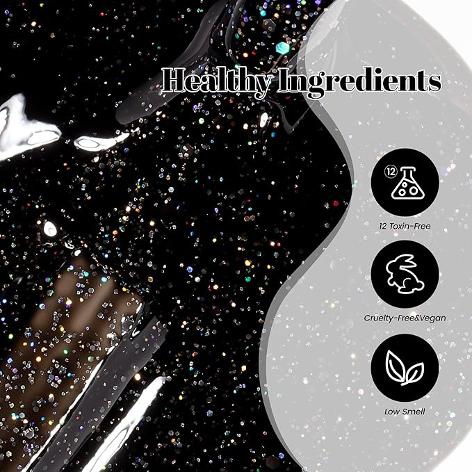 YTD Likomey Gel Nail Polish,15ml Colorful Black Glitter Nails Gel,Fall Winter Shiny Sparkly Salon Home DIY Manicure UV Color Varnish,HEMA Free TPO Free,SF441