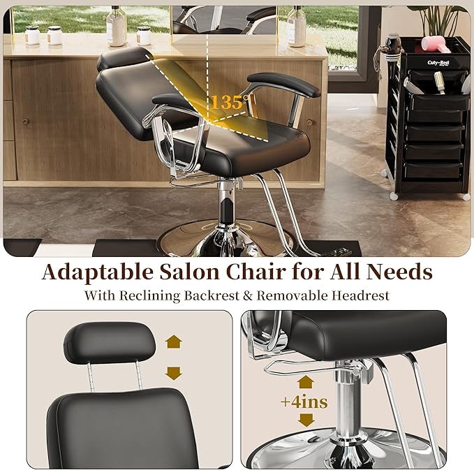 Baasha Premium Silver Reclining Salon Chair with Removable Headrest, All-Purpose Hydraulic Barber Chair, Soft PU Leather, 360° Swivel, 135° Recline, Heavy-Duty Steel Frame, 330 lbs Capacity