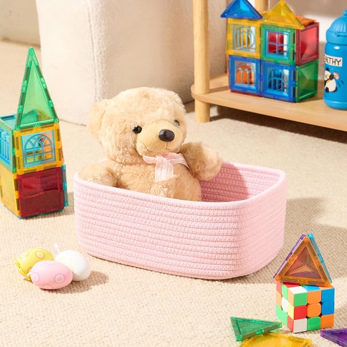 MiniArk Small Storage Baskets for Organizing | Closet Organizer Bins | Shelf Toy Basket | Woven Rope Baskets | Cube Decorative Box | Shallow Basket | 11.5x7.5x4.7” | 3 Packs Light Pink