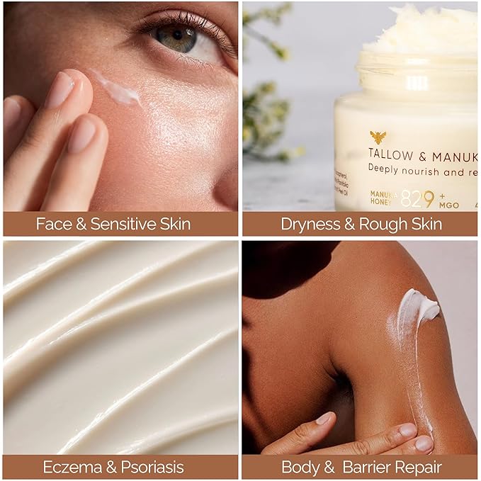 Made w/ 100% Organic Grass-Fed Beef Tallow and Manuka Honey Balm Natural Moisturizer Cream for Face & Body Eczema Relief Cream Moisturizer for Dry Skin Pure Tallow Face Moisturizer for Sensitive Skin