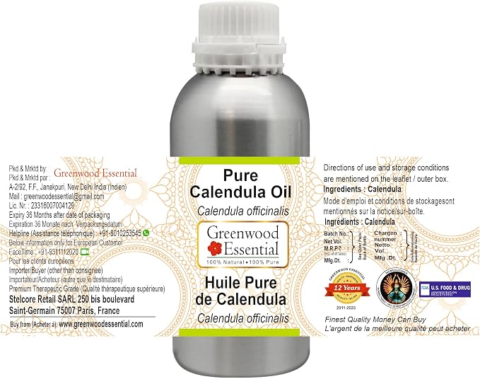 Greenwood Essential Pure Calendula Oil (Calendula officinalis) Premium Therapeutic Grade for Hair, Skin & Aromatherapy 630ml (21.3 oz)