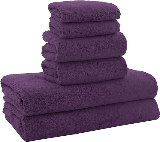 MOONQUEEN Ultra Soft Microfiber Coral Velvet Towel Set - Quick Drying - 2 Bath Towels, 2 Hand Towels, 2 Washcloths - Plum, 6 Pcs