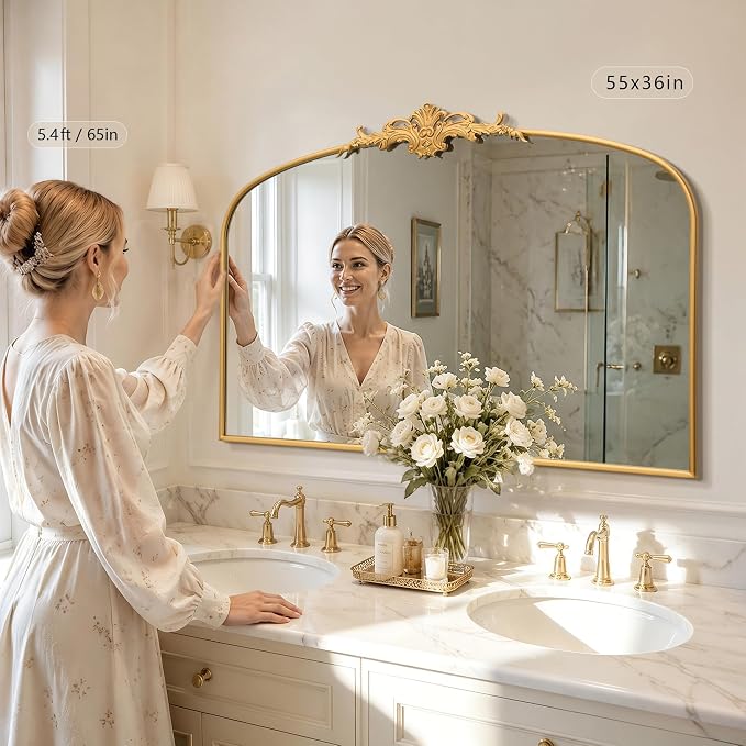Besdomus Antique Arched Gold Mirror: 55"x36" Extra Large Decorative Mirrors | French Vintage Baroque Ornate Metal Frame for Home Renovation - Ideal for Double Vanity/Entryway/Fireplace Mantel/Living Room