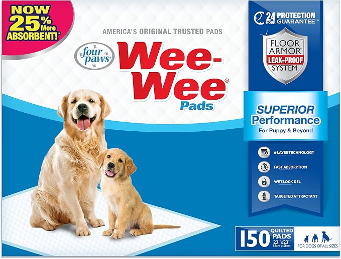 Four Paws Wee-Wee Superior Performance Dog Pee Pads, 150 Count | Quilted leak-proof puppy pads, dog housebreaking & potty training, 24-hour floor protection, pet supplies, 22" x 23"
