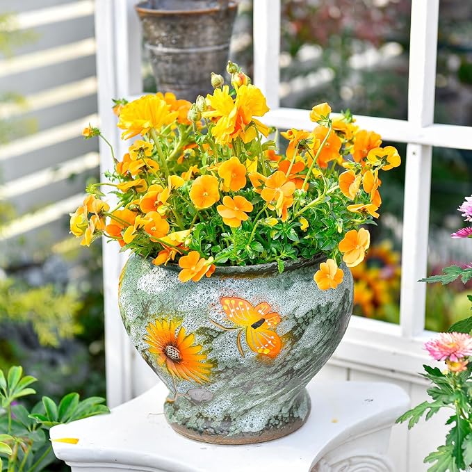 Sungmor 9 Inch Hand Painted Ceramic Succulent Plant Pots - Green & Daisy | Vintage Decorative Pottery Planters for Indoor Outdoor Plants, Table Centerpieces & Flower Arrangement Home Decor