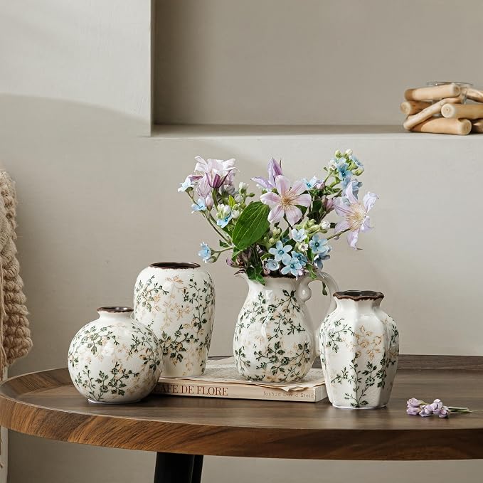 Ceramic Flower Small Vase for Home Decor, Vintage Green Mini Vase Set of 4 | Rustic Farmhouse Floral Vase for Kitchen, Living Room, Mantel, Coffee Table, Bookshelf, Entryway, Wedding Centerpiece
