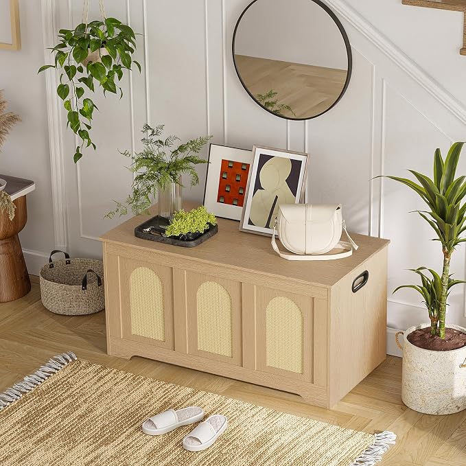 Storage Chest, Wooden Toy Box, Natural Oak 39.4" L | Entryway Shoe Bench, 2 Safety Hinges, Finger-safe Flip-Top, Easy Assembly, Farmhouse Large Trunk, Rattan, Living Room/Bedroom