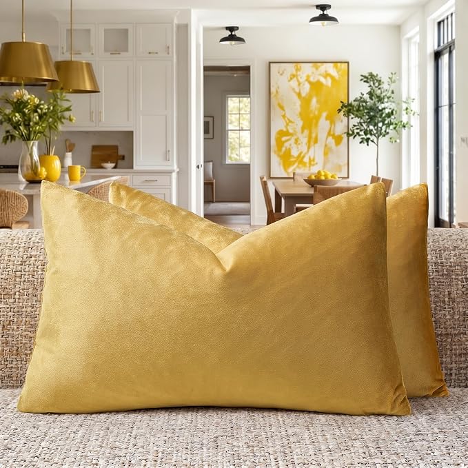 GIGIZAZA Yellow Velvet 20x12 Lumbar Decorative Throw Pillow Covers for Sofa Bed 2 Pack Soft Cushion Cover | Lumbar Throw Pillows for Couch Sofa,280gsm Soft Textured Fabric,Modern Pillowcases,Luxury Cushion Covers