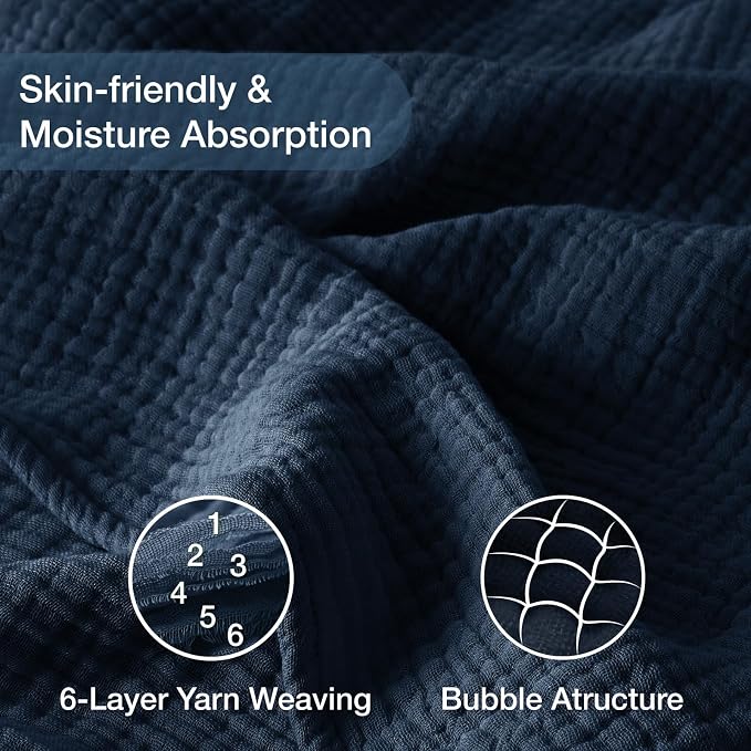 100% Cotton Muslin Blanket Queen 90" x 90", 6 Layers Breathable and Lightweight Cotton Throw Blanket for Bed, Soft Quilt Bedspread Coverlet, Gauze Blanket for Adults All Season, Navy