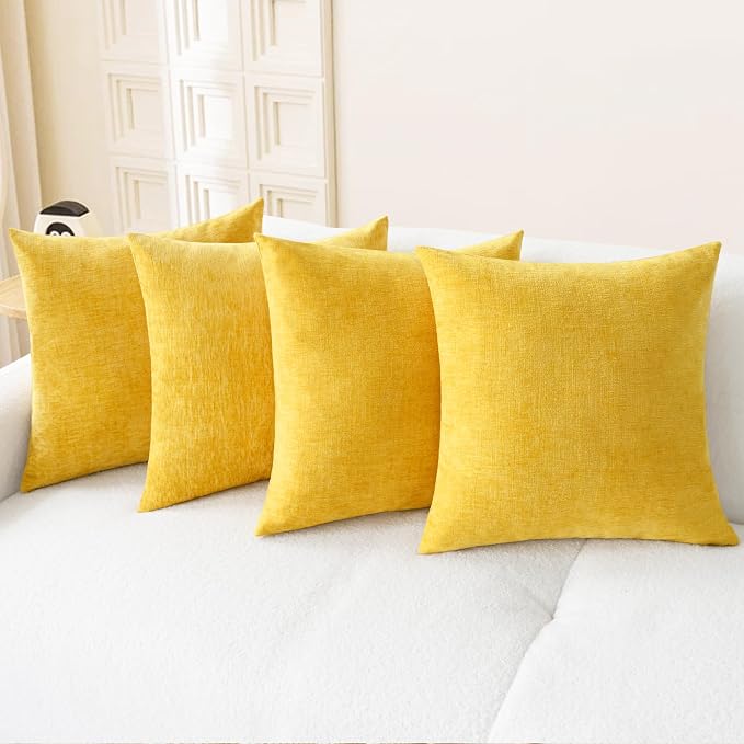 CaliTime Decorative Throw Pillow Covers 18 X 18 Inches Mustard Yellow | Pack of 4, Cozy Chenille Cushion Cases for Sofa Bed Living Room Farmhouse Home