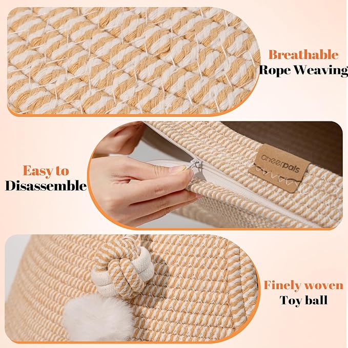 Cat Cave Bed with Washable Cushion and Ball, Handwoven Cotton Rope Cat Basket Bed for Indoor Cats Bed Covered, 3-in-1 Scratching, Playing & Sleeping, All Season Universal(White)