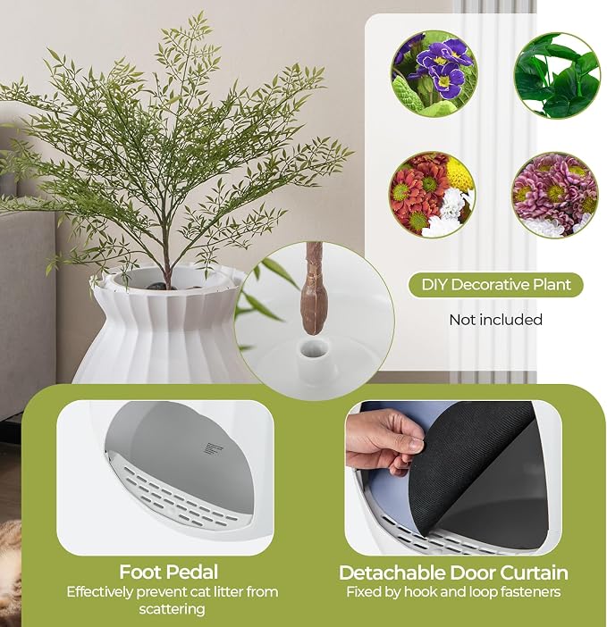 Giantex Cat Litter Box Plant - Hidden Litter Box Furniture with Electronic Odor Removal System, Detachable Door Curtain, Scoop, Cat Litter Box Enclosure Planter Home Decor, Easy to Clean (White)