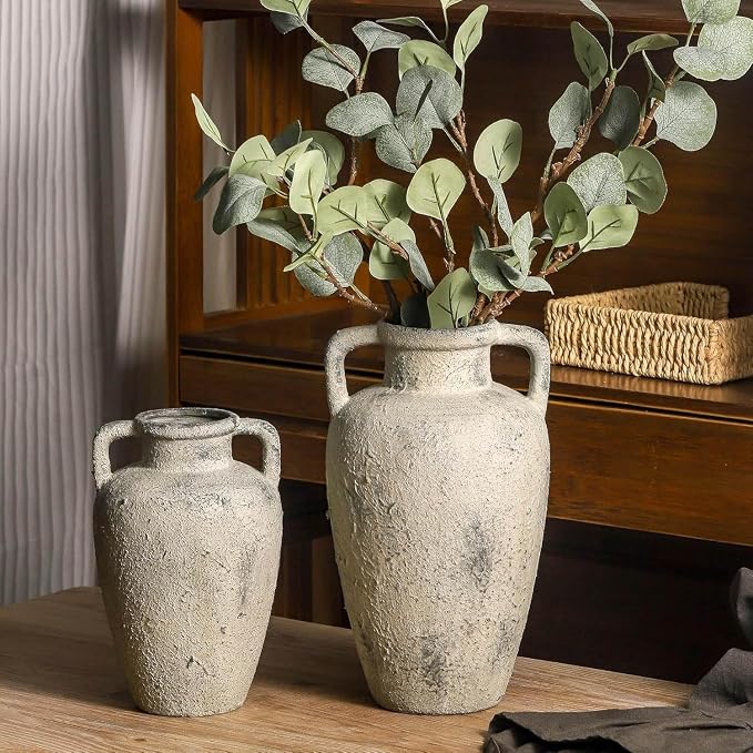 Ceramic Flower Vase, 11.41 Inch Tall Rustic Vase with 2 Handles | Terracotta Farmhouse Vase Adds Rustic Charm to Living Room, Dining Table, Kitchen, and Office Decor, Perfect for Home Styling