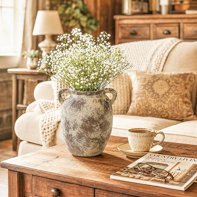 DREAMLOOM 7.6 Inch Ceramic Flower Vase, Terracotta | Double Handles, Farmhouse Vintage, Pottery, Home Decor, Living Room Dining Table Wedding Centerpieces