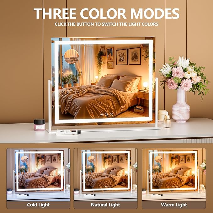 Vanity Mirror with Lights, 26'' x 22'' Lighted Makeup Mirror, Touch Screen with 3-Color Lighting, Dimmable for Vanity Desk Tabletop Square White