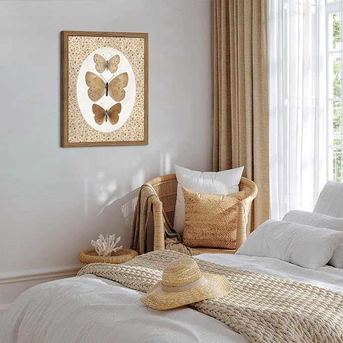 Framed Butterfly Canvas Wall Art, Vintage Butterfly Pictures Posters Wall Decor, Modern Farmhouse Decor, Rustic Retro Butterflies Paintings Prints for Bedroom Bathroom Shelf 12x16 inch
