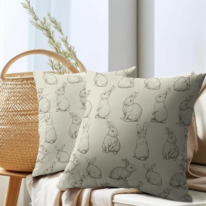 Kawani Spring Easter Throw Pillow Covers 18x18 Inch 2Pcs Set Cute Green Bunny Rabbit Pillowcase Decorative Cotton Linen Square Cushion Cover for Home Couch Bed Sofa Indoor Outdoor Decor