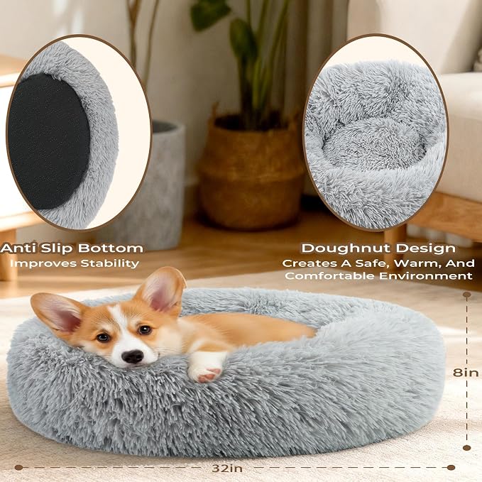 Calming Extra Large Donut Dog Bed, Anti-Anxiety Round Soft Fluffy Plush Faux Fur Washable Anti-Slip Pet Bed for Medium Dogs Up to 45 lbs 32in Gray