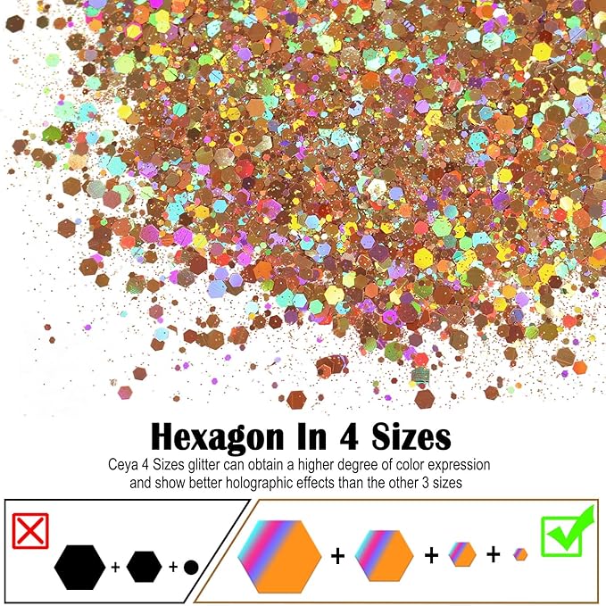 Ceya Holographic Chunky Glitter, 4.9oz/ 140g Rose Gold Craft Glitter Powder Mixed Chunky & Fine Flakes Iridescent Nail Sequins for Nail, Hair, Epoxy Resin, Tumblers, Slime, Painting, Festival Decor