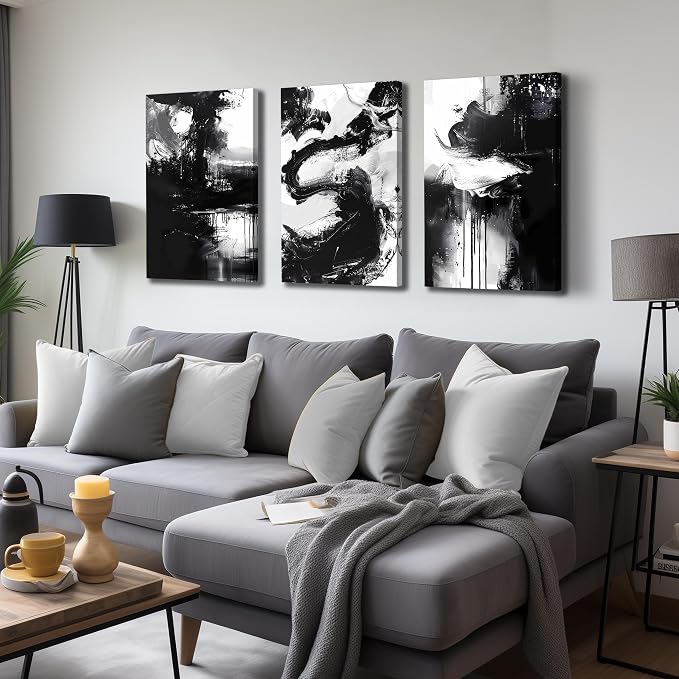 DNIEOTU Abstract Canvas Wall Art for Living Room, Black and White Picture Prints Wall-Decor for Bedroom, Size 16 x 24 Inches 3-Piece