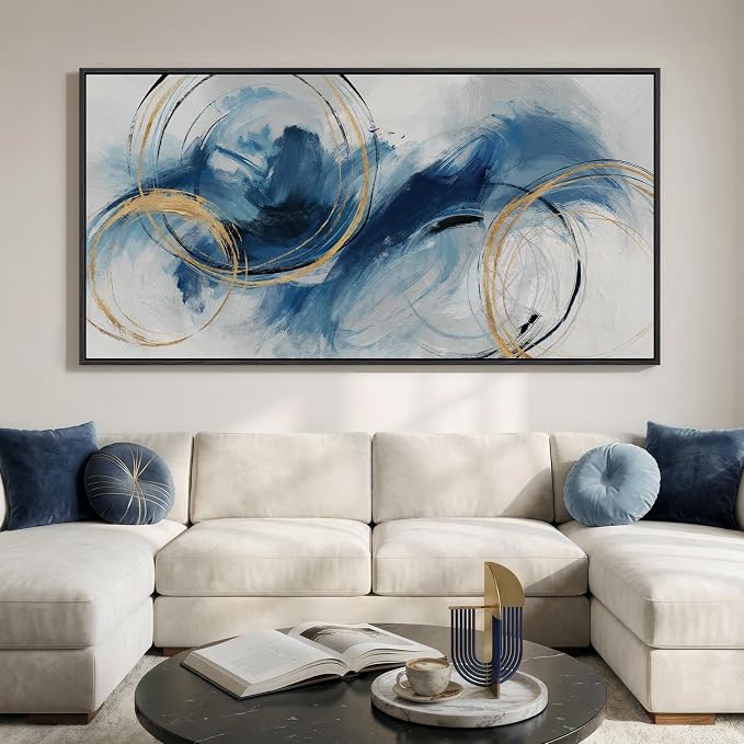 Extra Large Framed Navy Blue Abstract Canvas Wall Art for Living Room, Oversized Minimalist Modern Prints Paintings Artwork for Walls, Horizontal Contemporary Wall Decor for Bedroom Dining Room 36x72