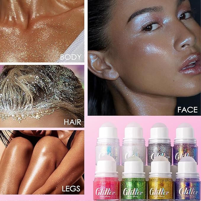 2 Colors Roll-on Body Glitter Gel,Holographic Hair Face Glitter Makeup for Women,Festival Rave Accessories Singer Concert Sparkly Chunky Sequins Mermaid Paint