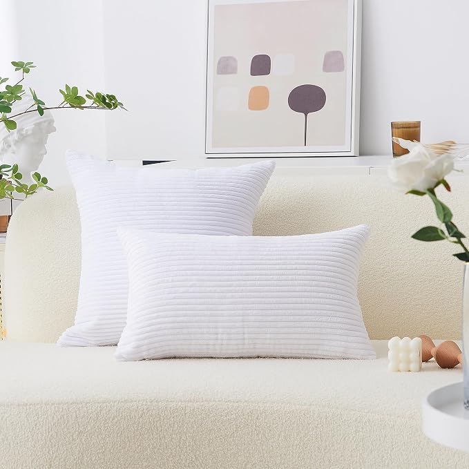 Home Brilliant 20x20 Throw Pillow for Couch Decorative White Pillow Cover Soft Plush Striped Throw Pillow Cover for Sofa Bench Living Room, 20 x 20 inch (50cm), Pure White