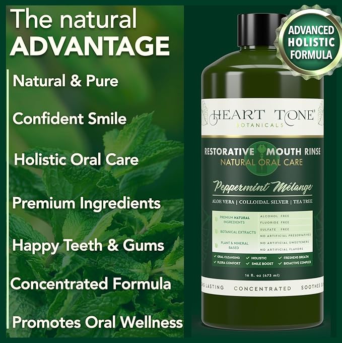 Heart Tone Botanicals Nano Silver Mouthwash | All Natural | Adult Restorative Mouth Rinse | Aloe Vera, Colloidal Silver, & Tea Tree | Complete Oral Care & Fresh Breath | Fluoride, GMO, & Alcohol Free