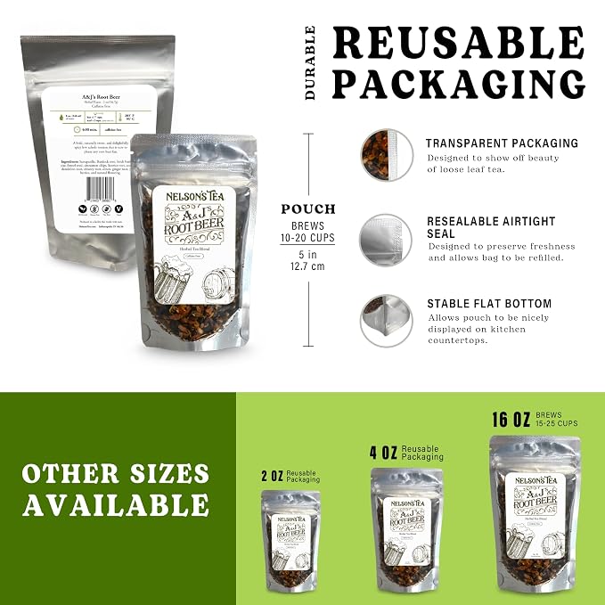 Nelson's Tea A&J's Root Beer - Cut & Sifted Sarsaparilla Root Tea Loose Leaf - Caffeine Free, Harmonious Herbal Blend of Burdock, Birch Bark, Dandelion and More (16 oz)