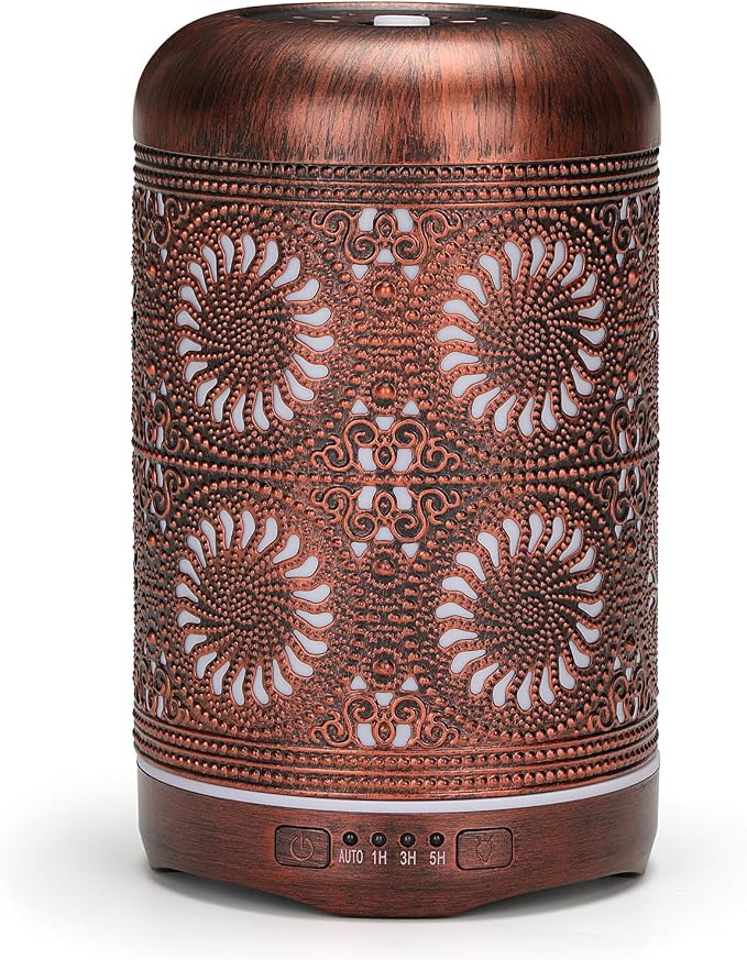 250ML Essential Oil Aromatherapy Diffuser for Home Bedroom Office Metal Hollow Decorative Room Ultrasonic Air Scent Mist Aroma Diffuser -Red Copper