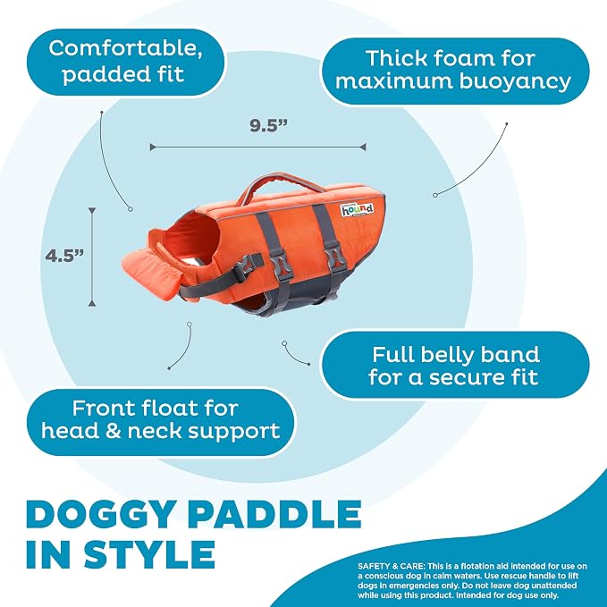 Outward Hound Granby Splash Dog Life Jacket, Life Vest, Orange, X-Small | Max Buoyancy, Adjustable Fit, Head/Neck Support, Rescue Handle, Reflective, Swimming & Boating, X-Small Dogs (11–15" Girth)