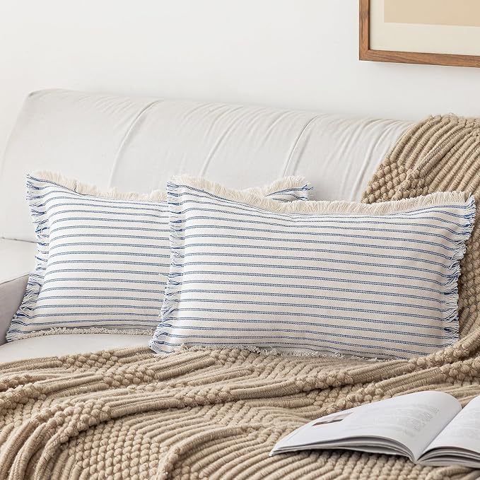 YEENAASY Throw Pillow Covers 12x20 Boho Striped Pillow Cases with Tassel | Set of 2 Fringe Pillow Cover Farmhouse Cushion Covers Neutral Pillows Decorative Lumbar Pillowcase for Couch Sofa Bed, Blue