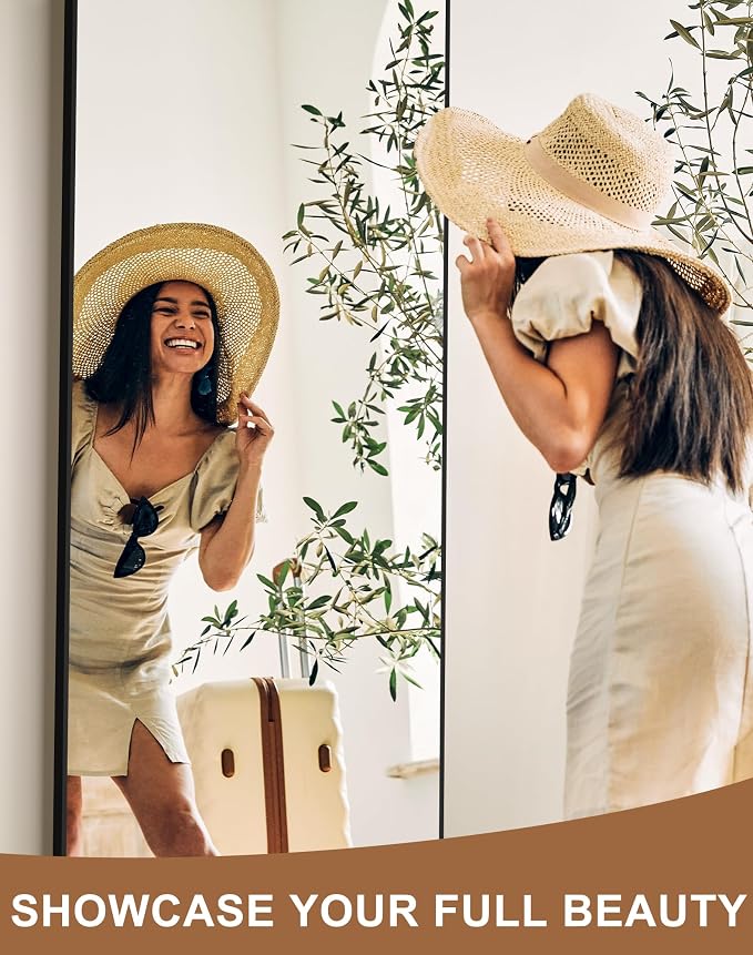 Arched Full Length Mirror with Stand, 69x24 Black Floor Mirror | Aluminium alloy frame with HD float glass for distortion-free reflection. Free standing or wall mounted.