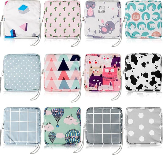 Paterr 12 Pcs Sanitary Napkin Storage Bag Set Portable Period Pouch with Lanyard for Menstrual Pad Bags Back to School First Period Gift for Teen Girls (Cute Style)