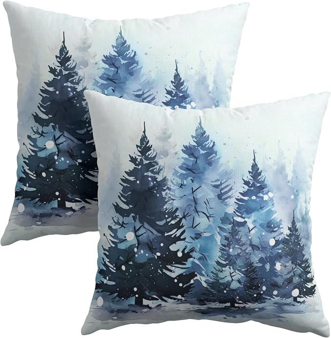 Kawani Winter Blue Forest Pillow Covers 16x16 Inches, Set of 2 Snowflakes Pine Trees Xmas Decorative Cotton Linen Cushion Case Pillowcase for Couch Sofa Bed Living Room Home Decor
