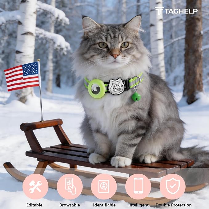 Cat Collar with AirTag Holder, QR Code Tag and Bell (Neon Green)