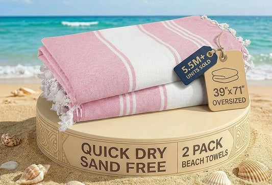 LANE LINEN Turkish Beach Towels, 2 Pack Extra Large Beach Towel, Pre-Washed for Soft Feel, Oversized Sand Free Quick-Dry Pool Towel, Beach Towels for Adults, 39"x71" - Candy Pink