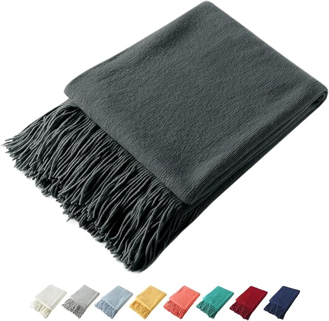 Homiest Charcoal Grey Knitted Throw Blanket with Fringe, 50x60 Inch | Pure Acrylic, Lightweight & Breathable, All-Season Use, Machine Washable, Wrinkle & Fade Resistant, for Couch Sofa And Bed
